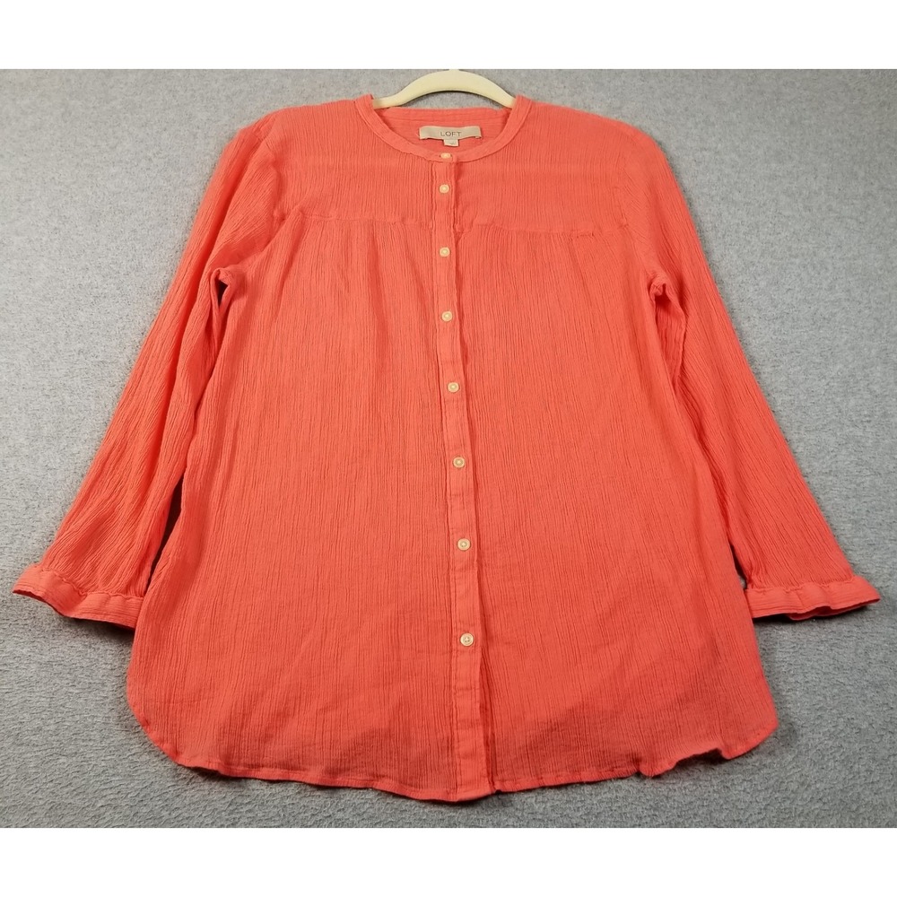Loft Blouse Womens XL Coral Orange Gauze Sheer Crinkle Long Sleeve Coastal Beach